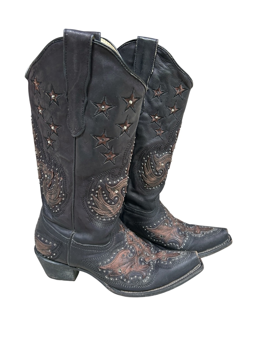 Corral Women's Black Star Overlay Studs Snip Toe Cowboy Boots, Size 7.5